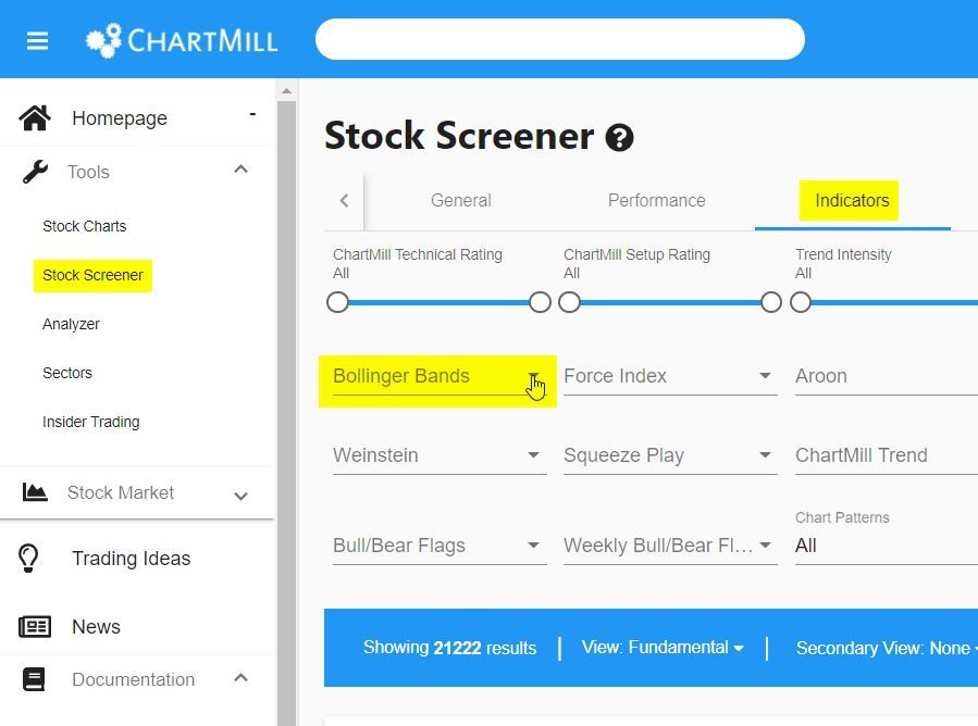 Bollinger bands screener