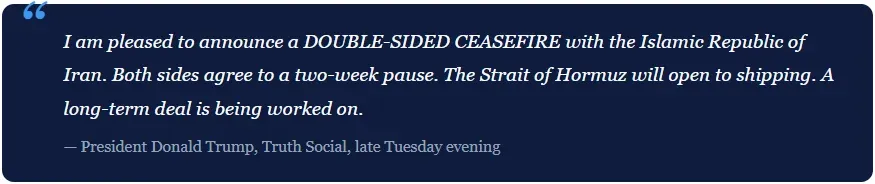two week suspension of hostilities announcement by Trump