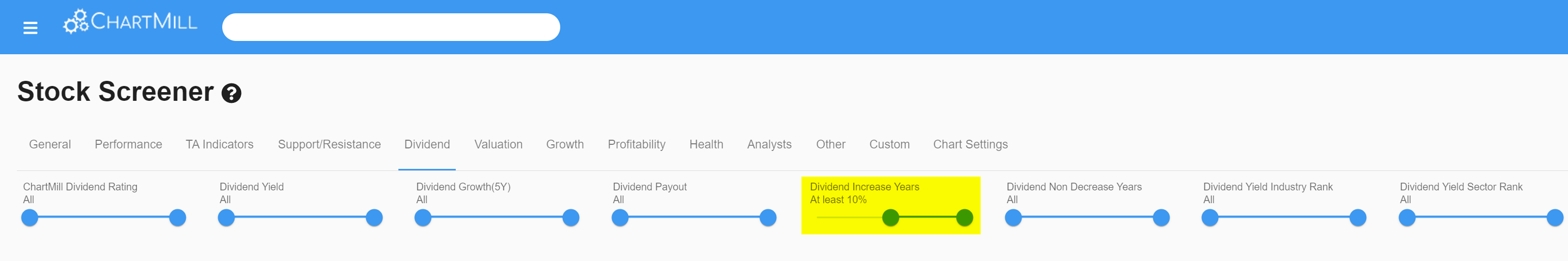 dividend increase years filter