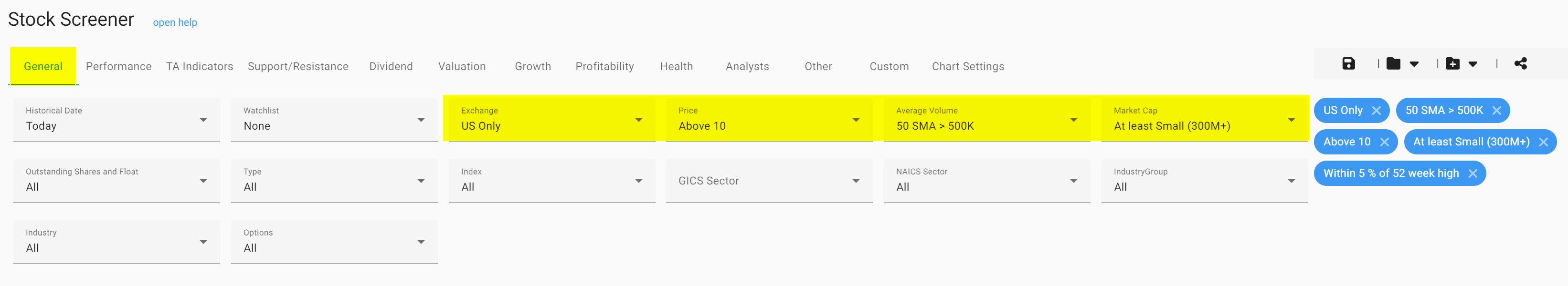 basic filters in ChartMill